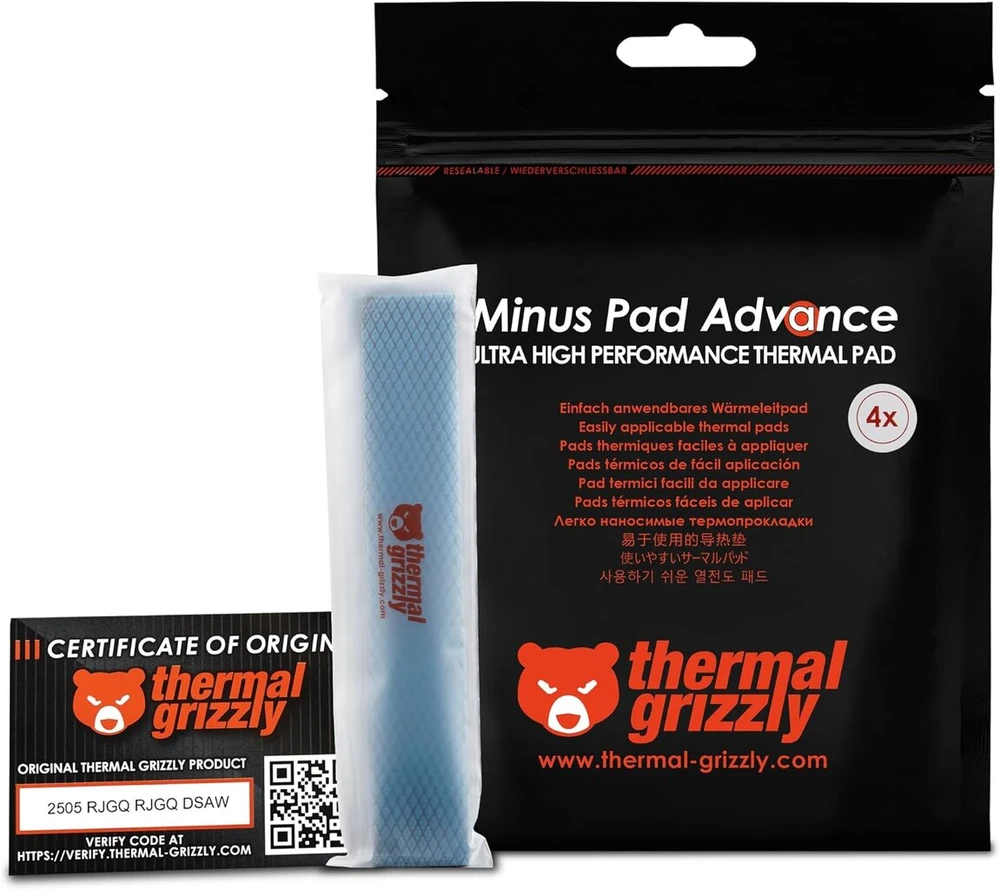Thermal Grizzly Minus Pad Advance - 4 terminių padėklų pakuotė 120 x 20 x 2,0 mm, elektrai nelaidus, didelis šilumos laidumas ir suspaudžiamumas Ssd, Gpu ir elektronikai