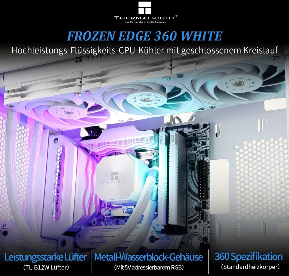 Thermalright Frozen Edge 360 Baltas skystinis Cpu aušintuvas su 120 mm Pwm ventiliatoriumi, 360 Baltas šaltojo bloko specifikacija, integruotas vandens radiatorius Amd/am4/am5, Intel Lga1700/1150/1151/1200/2011