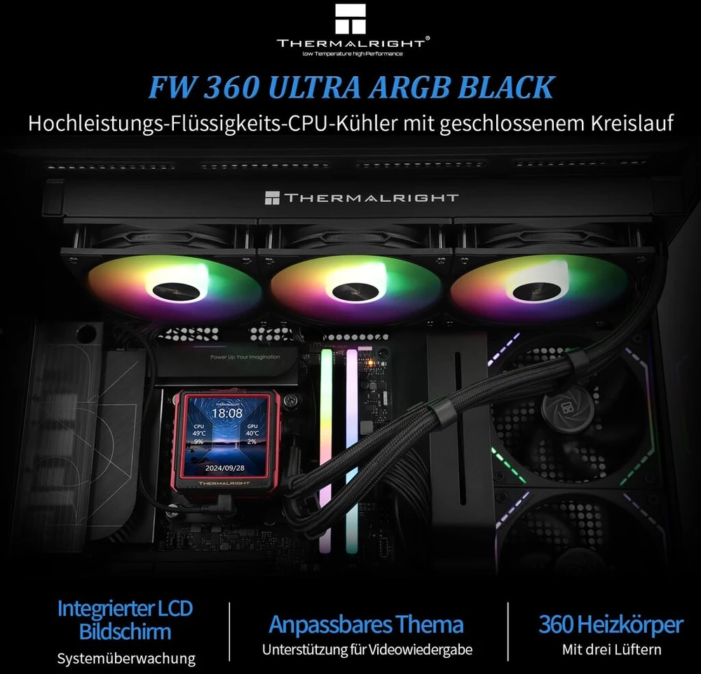 Thermalright Fw 360 Ultra Argb Juodas Cpu vandens aušintuvas, 3 Pwm ventiliatoriai, vandens aušinimas, Ips Lcd ekranas su 480 x 480 raiška, skirtas Am4/am5 ir Intel Lga1700/1851, 2.88 colių ekranas