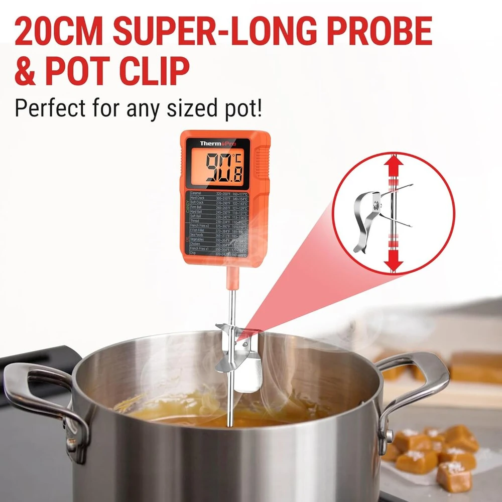 Thermopro Tp510 mėsos termometras, grilio termometras su 20 cm ilgio zondu, cukraus termometras su puodo spaustuku, kepimo termometras, skaitmeninis vandeniui atsparus virtuvės termometras skysčiams, aliejui, pienui, šokoladui