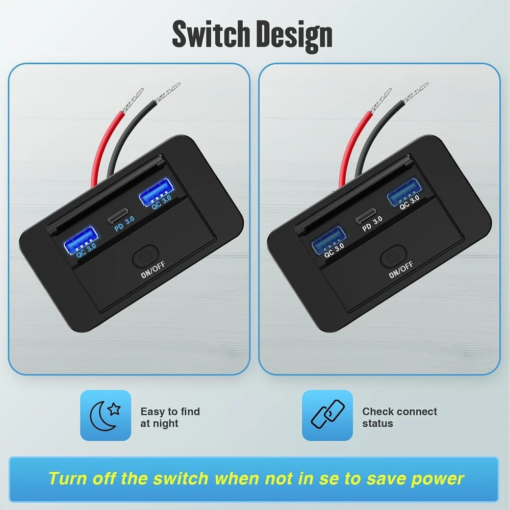 Thlevel 12v Usb C lizdo įkrovimo lizdas 66w automobilinis įkroviklis mobiliajam telefonui greitas įkrovimas dvigubas Qc3.0 ir Pd3.0 atsparus vandeniui su jungikliu skirtas 12v-24v automobiliui, valčiai, kemperiui