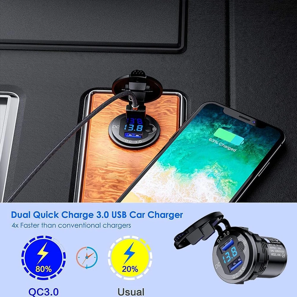 Thlevel automobilinis Qc3.0 Usb įkroviklis, automobilinis Usb lizdas, dvigubas prievadas 9v-32v 36w greitas įkrovimas su Led skaitmeniniu voltmetro ekranu, jungiklis transporto priemonėms, valtims, motociklams, visureigiams, autobusams, sunkvežimiams, nam