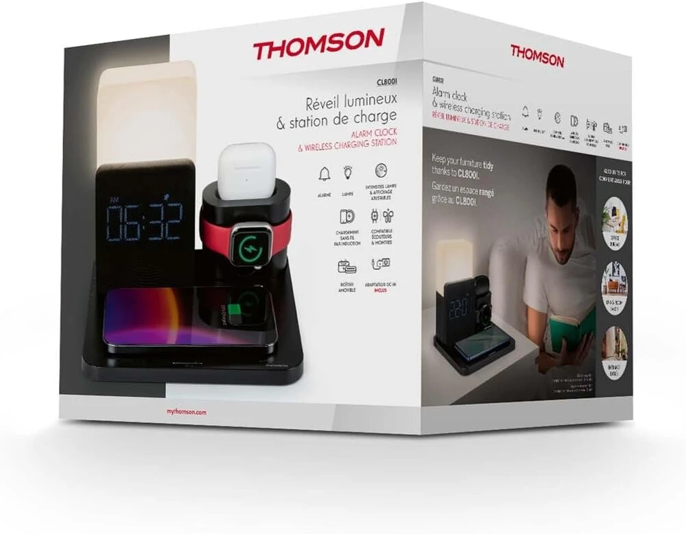 Thomson Cl800i 4-in-1 žadintuvas ir įkrovimo stotelė, naktinė lempa su skirtingu intensyvumu ir spalvomis, juoda