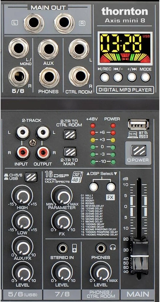 Thornton Axis Mini 8 - kompaktiškas 8 kanalų mikšeris su Eq, fantominiu maitinimu, Usb, dviguba ausinių išvestimi, skirtas studijai ir gyviems pasirodymams