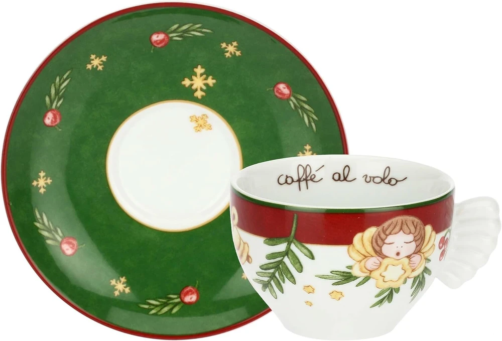 Thun, 2 vidutinių porcelianinių puodelių rinkinys, Christmas Surprises kolekcija, rinkinys namams ir virtuvei, dovanos idėja Kalėdoms, puodelio skersmuo 9 cm, 6 cm, aukštis 180 ml, lėkštutės skersmuo 14.5 cm
