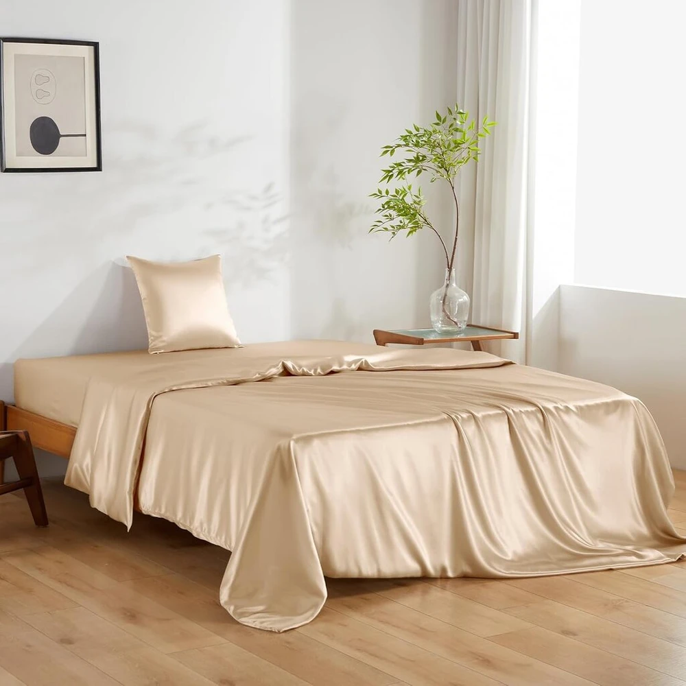 Thxsilk šilko patalynės komplektas, 2 dalių, antklodės užvalkalas 135 x 200 cm ir pagalvės užvalkalas 80 x 80 cm, prabangus šilko patalynės komplektas, itin minkštas ir švelnus, šampano spalvos