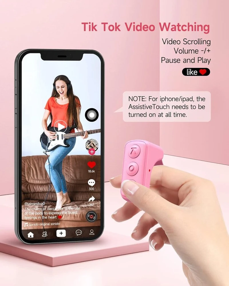 Tik Tok pirštų galiukų šoninis vartytuvas Bluetooth nuotolinio valdymo pultas slinkties žiedas įkraunamas belaidis fotoaparato nuotolinio valdymo pultas užrakto asmenukių mygtuko valdiklis su įkrovimo dėklu, skirtas Ios/android (rožinis)