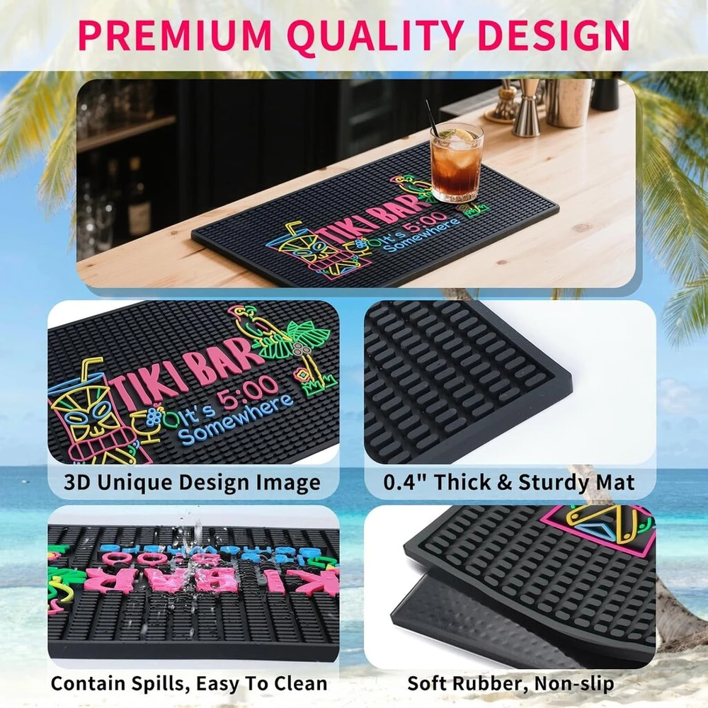 Tiki baro kilimėlis stalviršiui 56x35,5 cm didelis storas guminis baro kilimėlis It's 5 O'clock Somewhere unikalus dizainas Havajų Luau vakarėlio dekoracijos lašėjimo kilimėlis