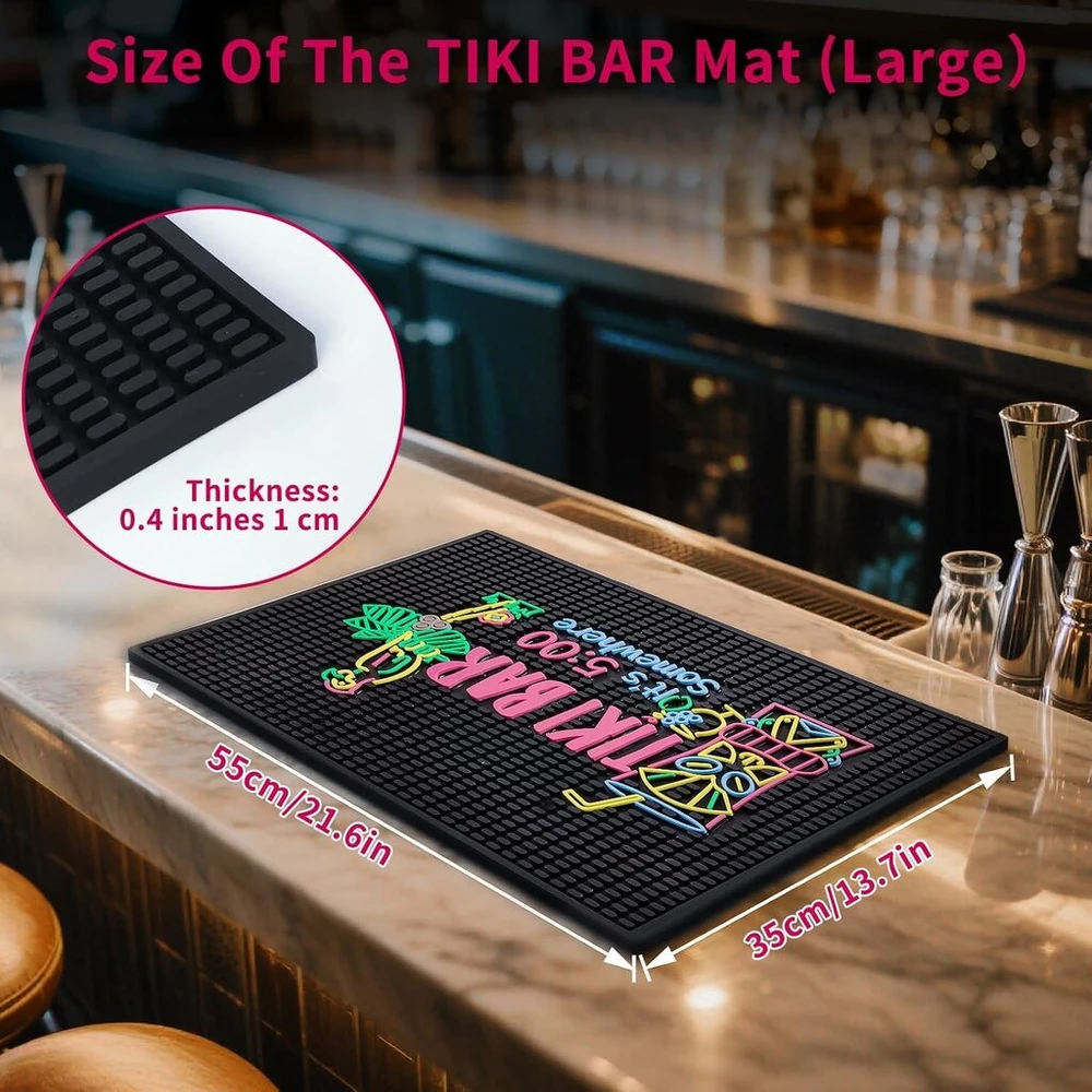 Tiki baro kilimėlis stalviršiui 56x35,5 cm didelis storas guminis baro kilimėlis It's 5 O'clock Somewhere unikalus dizainas Havajų Luau vakarėlio dekoracijos lašėjimo kilimėlis
