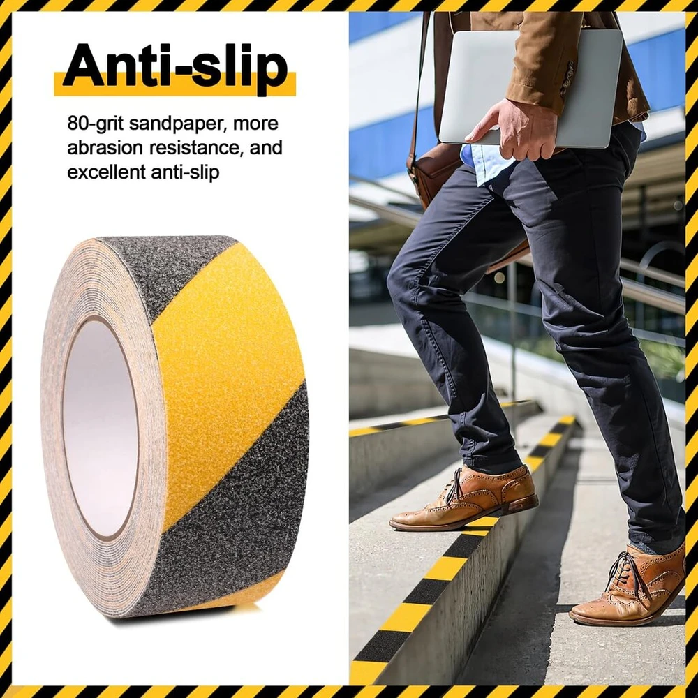Tikplus neslystanti juosta, 2 ritiniai 5 cm x 10 m barjerinė juosta, geltona juoda, neslystanti juosta, lipni grindų žymėjimo juosta, neslystančios juostelės, skirtos naudoti patalpose ir lauke