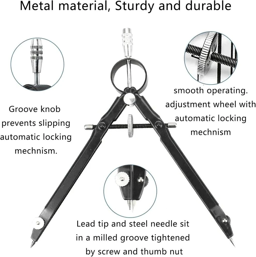 Tikslus metalinis geometrinis kompasas su priedais