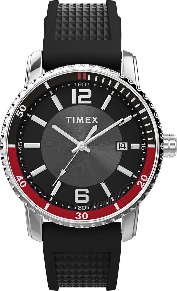 Timex vyriškas klasikinio stiliaus 41 mm laikrodis – juodas silikoninis dirželis, juodas ciferblatas, nerūdijančio plieno korpusas