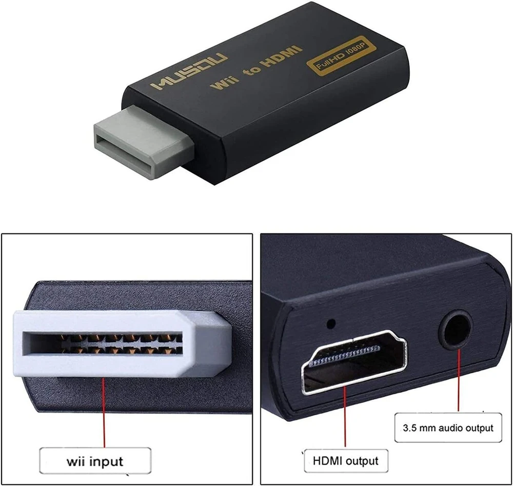 Tlsiwio Wii į Hdmi vaizdo signalo keitiklis Full Hd 1080p su 3,5 mm garso išvesties lizdu, juodas