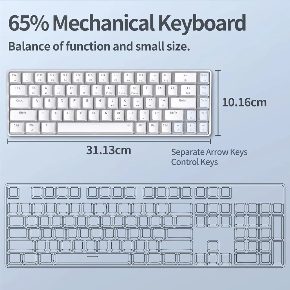 Tmkb mechaninė žaidimų klaviatūra, T68se 60% procentų klaviatūra su Usb kabeliu, anti ghosting qwerty išdėstymo mini klaviatūra su mėlynas switches, balta