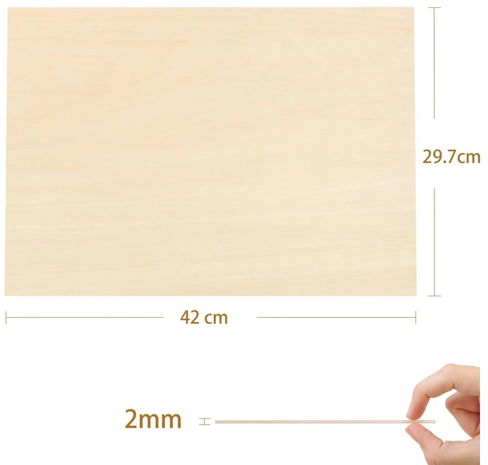 Tocome 2 mm fanera A3 liepos medienos faneros lakštas, tinkamas lazeriui, 420 x 297 x 2 mm liepos medienos fanera, fanera 2 mm mediena lazeriui (15 vnt.)