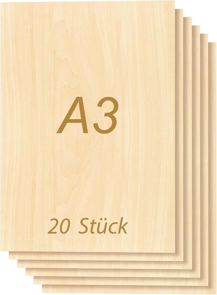 Tocome, 20 vnt. A3 liepos medienos faneros paketas, 420 x 297 x 3 mm, lazeriui tinkama fanera, 3 mm liepos medienos plokštės, fanera lazeriui