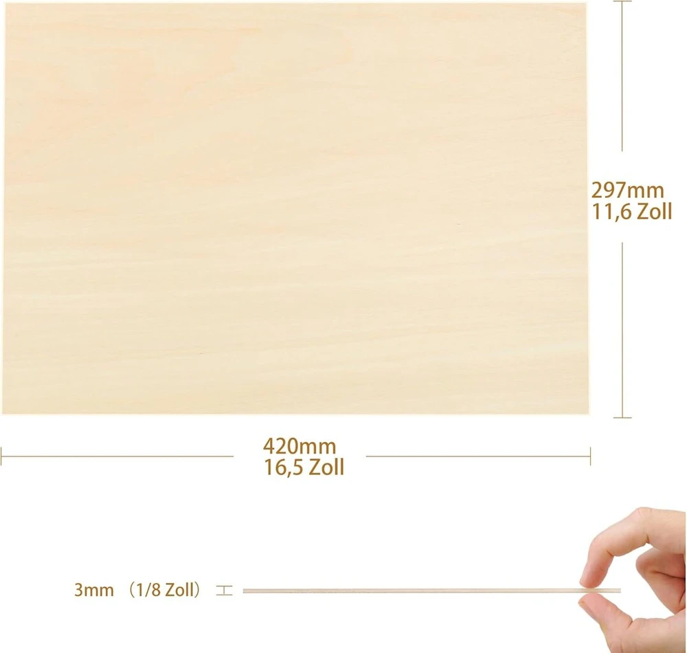 Tocome, 20 vnt. A3 liepos medienos faneros paketas, 420 x 297 x 3 mm, lazeriui tinkama fanera, 3 mm liepos medienos plokštės, fanera lazeriui