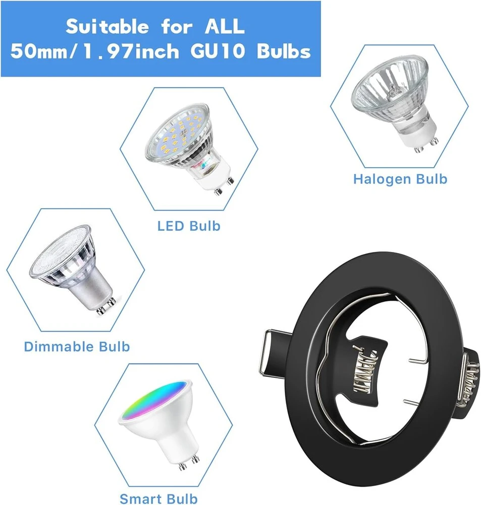 Tofisr įleidžiamas prožektorius Gu10 rinkinys, apvalus matinis juodas montavimo rėmas, skylės skersmuo 55 mm - 70 mm, su Gu10 lizdu Led arba halogeninėms (50 mm) lemputėms, 12 vnt.