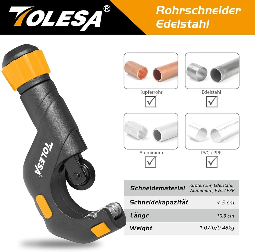 Tolesa vamzdžių pjoviklis 5–50 mm, vamzdžių pjoviklis su nuėmikliu, vamzdžių pjoviklis plastikui, plonam nerūdijančiam plienui, plienui, variniams vamzdžiams, aliuminiui, pvc vamzdžių pjovimui