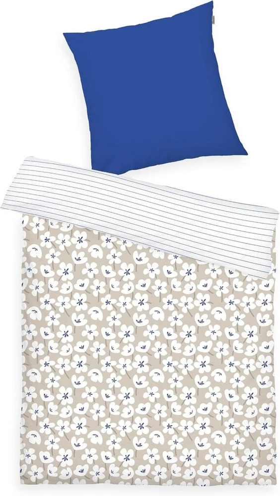 Tom Tailor renforcé patalynės komplektas, 70 x 90 cm + 140 x 200 cm, 100% medvilnė/renforcé, su reversiniu motyvu ir spalvotu užtrauktuku, fresh flowers mėlynas, beige (cobalt & sunny sand)