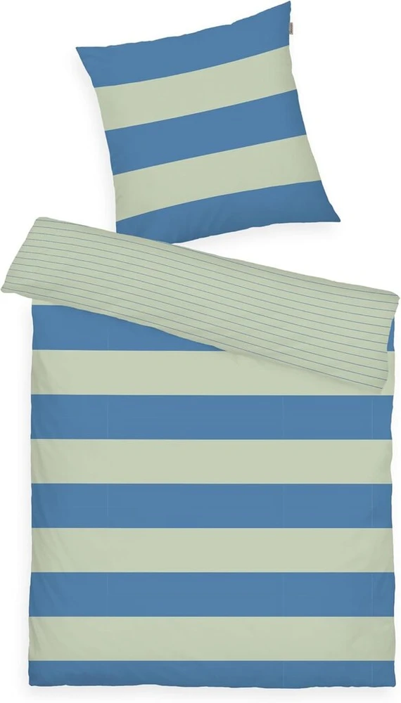 Tom Tailor renforcé patalynės komplektas 80 x 80 cm + 135 x 200 cm, 100% medvilnė/renforcé su reversiniu motyvu ir spalvotu užtrauktuku, ryškūs dryžiai žalia, mėlyna (žalias leaf & cool mėlynas)