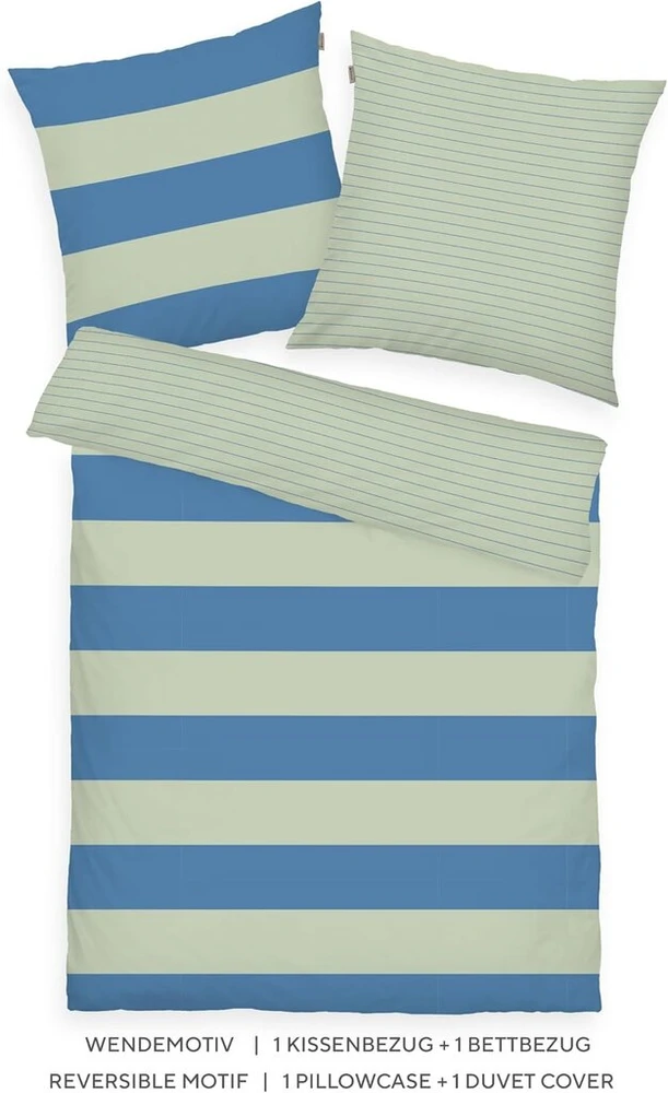 Tom Tailor renforcé patalynės komplektas 80 x 80 cm + 135 x 200 cm, 100% medvilnė/renforcé su reversiniu motyvu ir spalvotu užtrauktuku, ryškūs dryžiai žalia, mėlyna (žalias leaf & cool mėlynas)