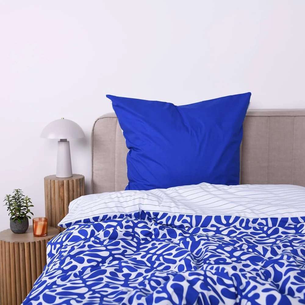 Tom Tailor renforcé patalynės komplektas, 80 x 80 cm + 135 x 200 cm, 100% medvilnė/renforcé, su reversiniu motyvu ir spalvotu užtrauktuku, organic leaves mėlynas, baltas (cobalt)