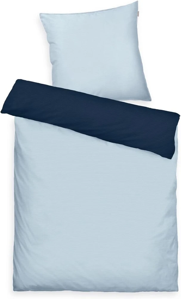 Tom Tailor satininis patalynės komplektas 80 x 80 cm + 135 x 200 cm, 100% medvilnė/satinas, su dviguba siūle ant pagalvės, reversinis motyvas ir spalvotas prekės ženklo užtrauktukas, dviejų tonų vienspalviai mėlyni atspalviai (tamsiai mėlyna ir žydra)