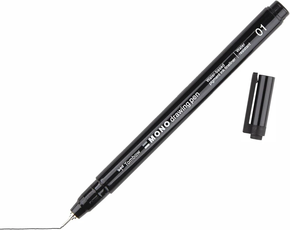 Tombow Fineliner Mono pieštukas braižymui, linijos plotis 01 (apie 0,25 mm), pigmentinis rašalas, atsparus vandeniui ir šviesai, skirtas eskizams, iliustracijoms ir piešimui, juodas, Ws-efl-h-01