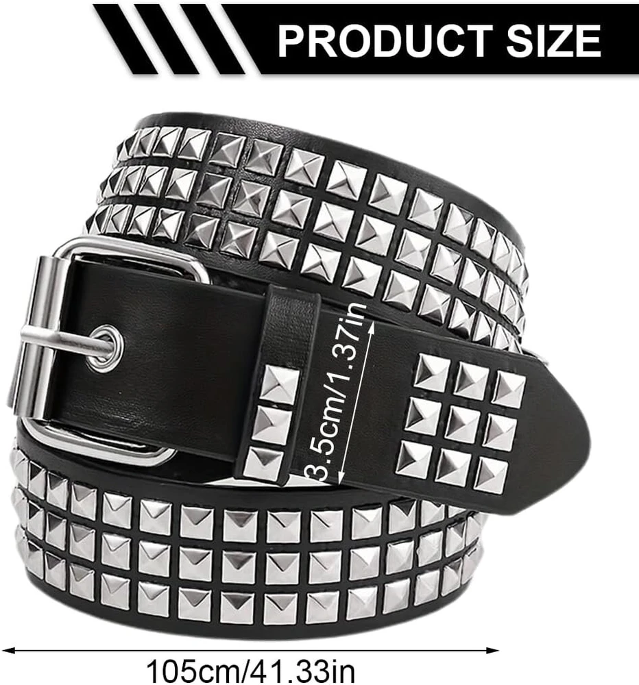 Tomedeks 1 x Y2k diržas su kniedėmis, Y2k diržas su kniedėmis, Y2k diržas moterims ir vyrams, roko pankų piramidės gotikinis odinis diržas su piramidės kniedėmis džinsams (juodas, 105 cm)