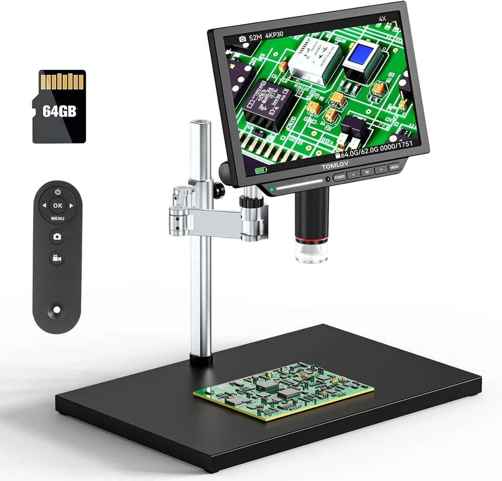Tomlov Tm4k Max 10,1 colio 4k Hdmi skaitmeninis mikroskopas, 52 Mp Usb sidabrinių monetų/litavimo mikroskopas suaugusiems su pasukama rankena, 2000x didinimo mikroskopas, suderinamas su Pc/tv, 64 Gb kortelė