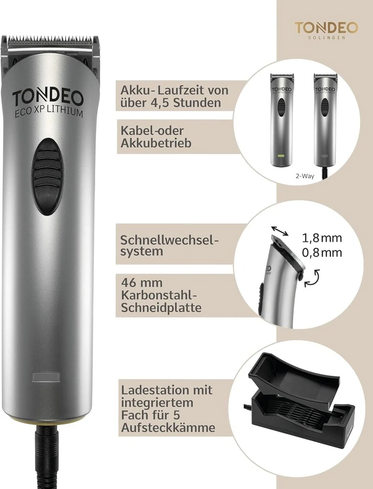 Tondeo Eco Xp Lithium Sidabrinis profesionalus plaukų kirpimo mašinėlė su įkrovimo stotele ir priedų šukomis 5 skirtingiems kirpimo ilgiams (4/8/12/16/20 mm)