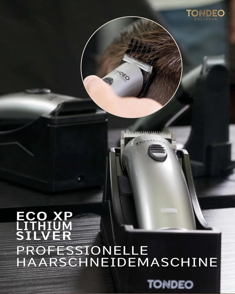 Tondeo Eco Xp Lithium Sidabrinis profesionalus plaukų kirpimo mašinėlė su įkrovimo stotele ir priedų šukomis 5 skirtingiems kirpimo ilgiams (4/8/12/16/20 mm)