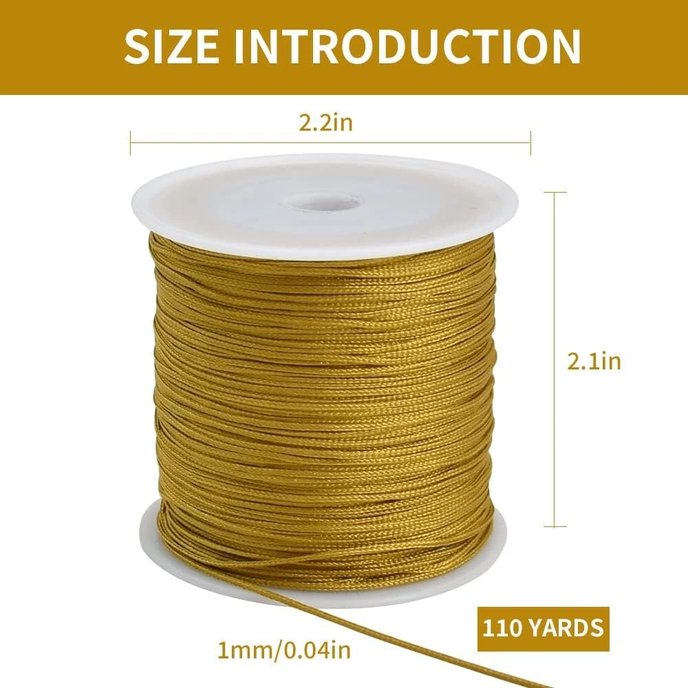 Toniful 1 mm x 100 jardų aukso spalvos nailono virvelė, satino virvutė apyrankėms, papuošalų gamybai, žiurknuodžių virvelė, makramė vaškuota apdailos virvelė, karolių vėrimo siūlai, kumihimo, kiniškų mazgų amatai