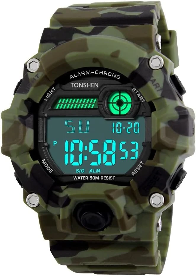Tonshen vyriškas Led skaitmeninis laikrodis, atsparus vandeniui 50m, skirtas sportui lauke, karinis 12h/24h laikas, elektroninis armijos kamufliažinis plastikinis korpusas su guminiu dirželiu, apšvietimas, kalendorius, chronometras