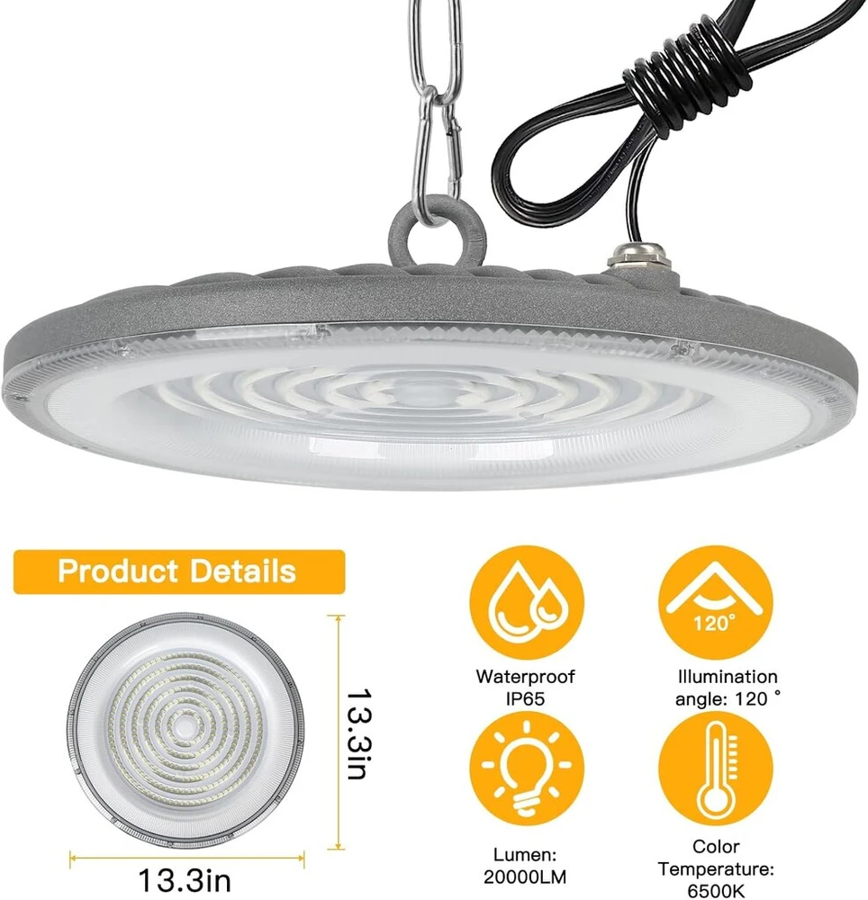 Toobettp 200 W Led Ufo salės apšvietimas, 20 000 Lm 6500 K Led pramoninis šviestuvas Ip65 atsparus vandeniui Ufo vidaus prožektorius, skirtas salės apšvietimui, dirbtuvių apšvietimui, gamykloms, oro uostui, terasai