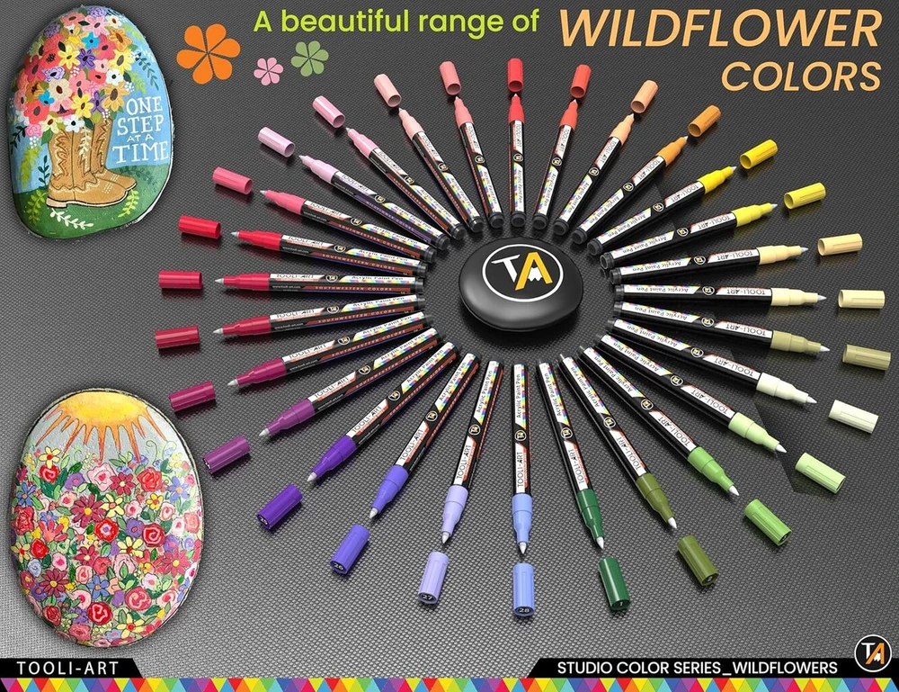 Tooli-art 28 spalvų akrilinių dažų markerių rinkinys „wildflower“, 0,7 mm itin plonas galiukas, skirtas piešimui ant akmens, stiklo, medžio, metalo, drobės, detalizavimui, netoksiški, vandens pagrindu, greitai džiūstantys
