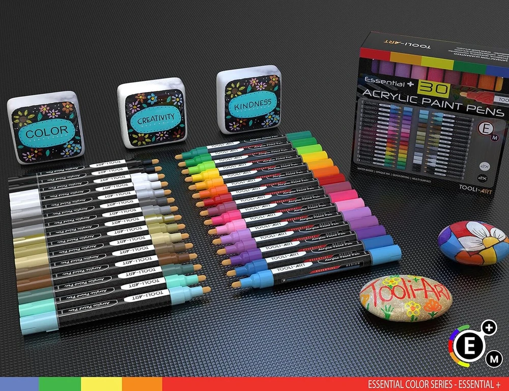 Tooli-art Essential Color Series akrilinių dažų markerių rinkinys, skirtas piešti ant akmenų, drobės, puodelių, plastiko, metalo, stiklo, dažų, audinio, medžio, netoksiški, greitai džiūstantys, vandens pagrindu (30 Medium)