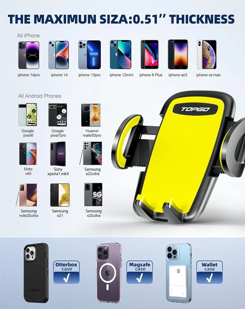 Topgo telefono laikiklis puodeliui, patobulintas ilgas strypas ir tvirtai stabilus puodelio laikiklis automobiliui, telefono laikikliai, skirti iphone 14 ir daugiau išmaniųjų telefonų (geltonas)