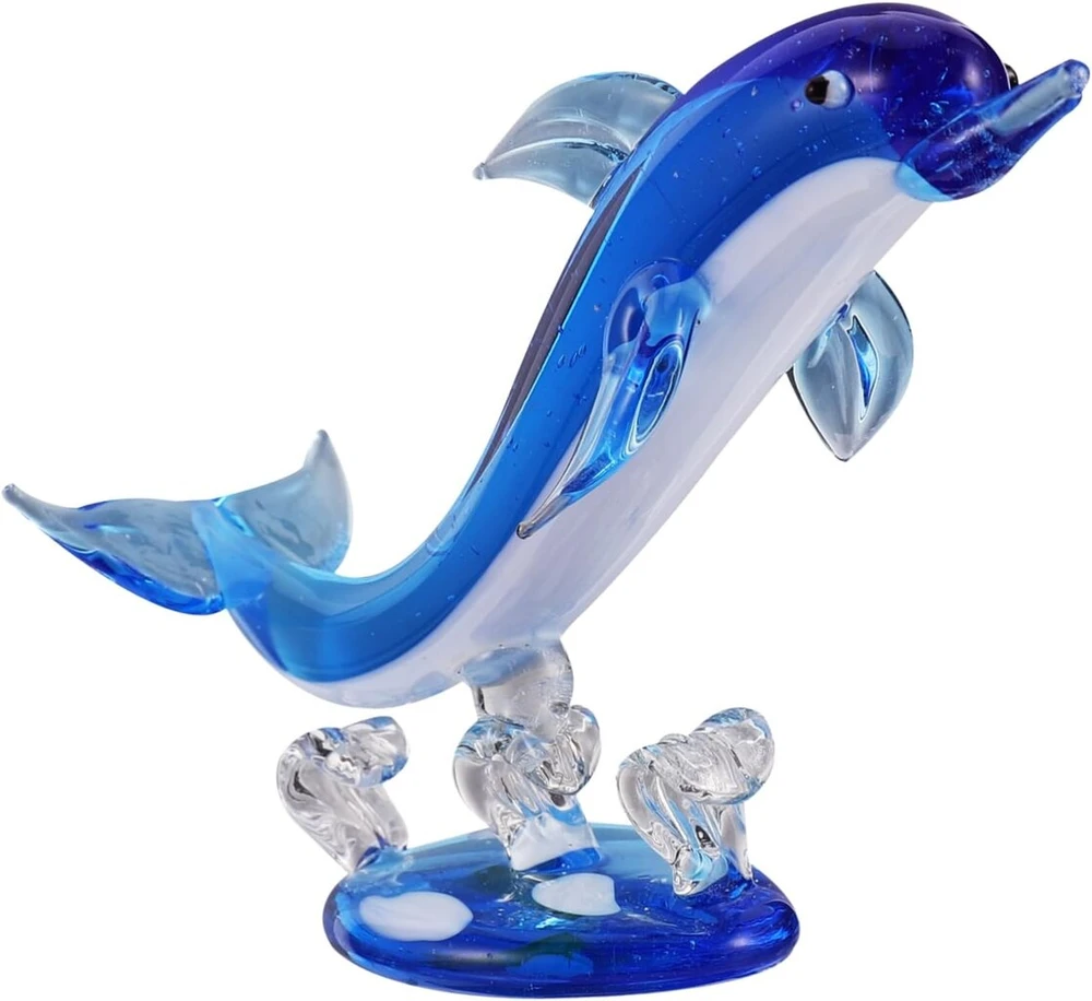 Topperfun stiklinė delfino statulėlė, 10 cm mėlyna krištolinė žuvies dekoracija, jūros gyvūno statulėlė, rankų darbo gyvūnų ornamentai, jūros delfino dekoracija stalui namų dekoravimui