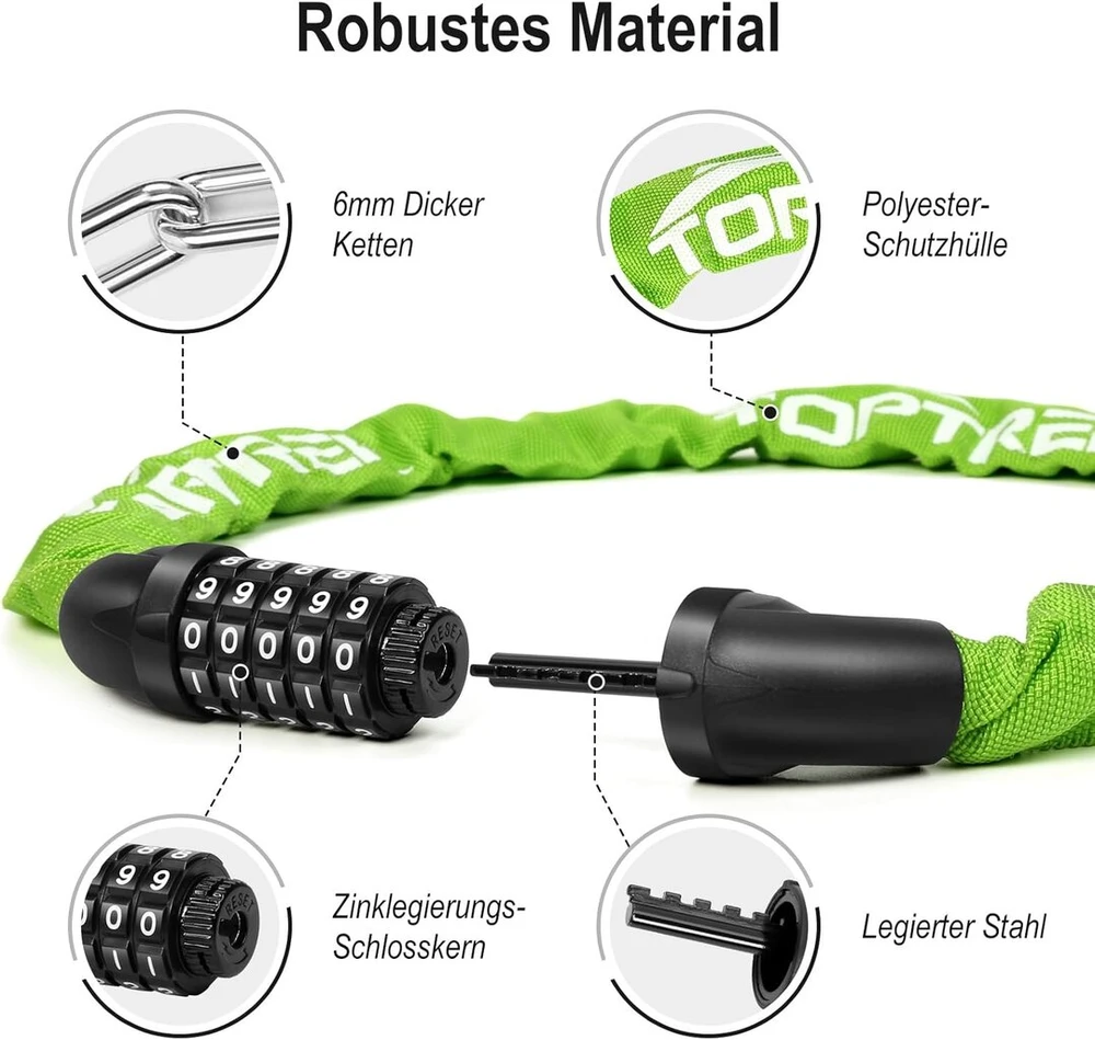 Toptrek dviračio kombinuota spyna, aukštas saugumas su 5 skaitmenų kombinacijos kodu, 6 mm x 100 cm plieninių grandžių grandininė spyna dviračiui/motociklui/e-dviračiui/paspirtukui (žalia)