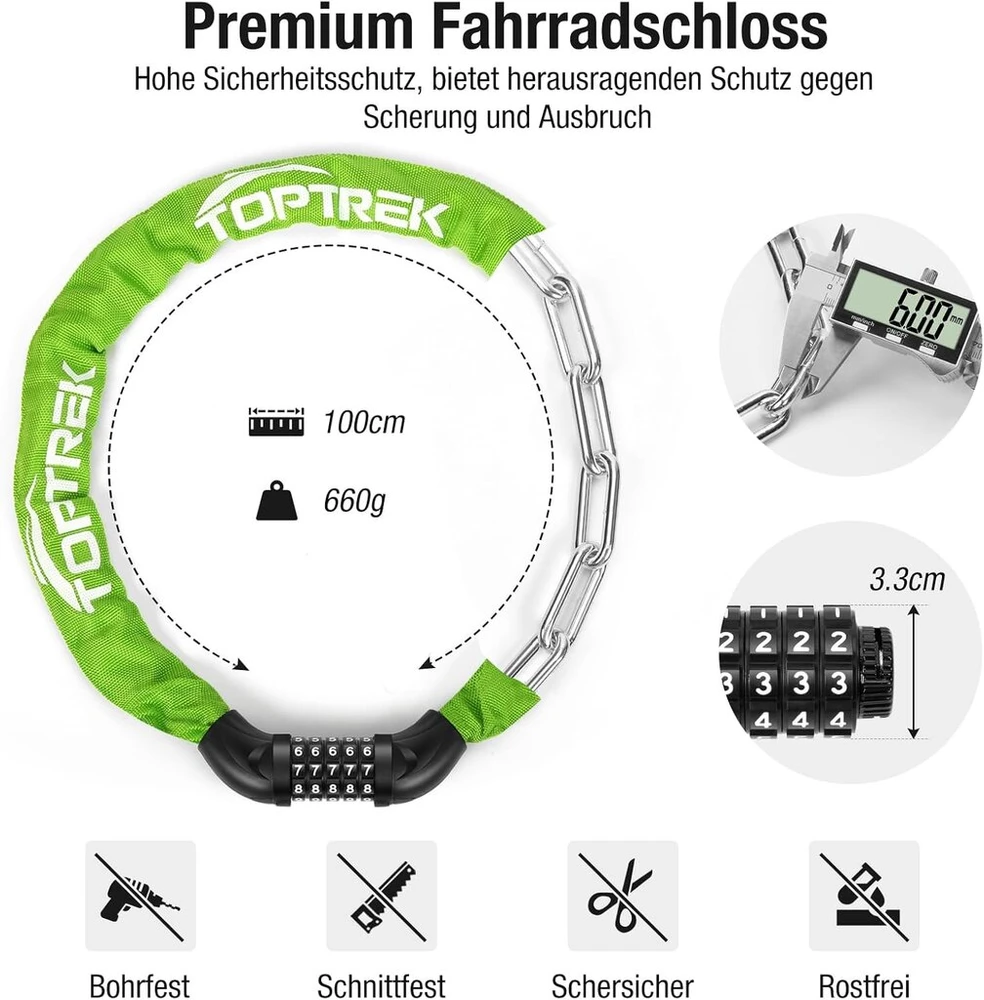 Toptrek dviračio kombinuota spyna, aukštas saugumas su 5 skaitmenų kombinacijos kodu, 6 mm x 100 cm plieninių grandžių grandininė spyna dviračiui/motociklui/e-dviračiui/paspirtukui (žalia)