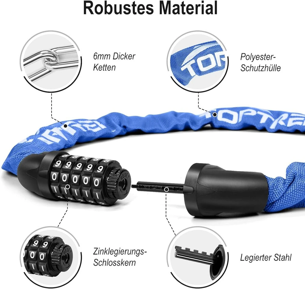 Toptrek dviračio kombinuota spyna, aukštos apsaugos dviračio spyna su 5 skaitmenų kombinacijos kodu, 6 mm x 100 cm plieninių grandžių grandinė dviračiui/motociklui/el. dviračiui/paspirtukui (tamsiai mėlyna)
