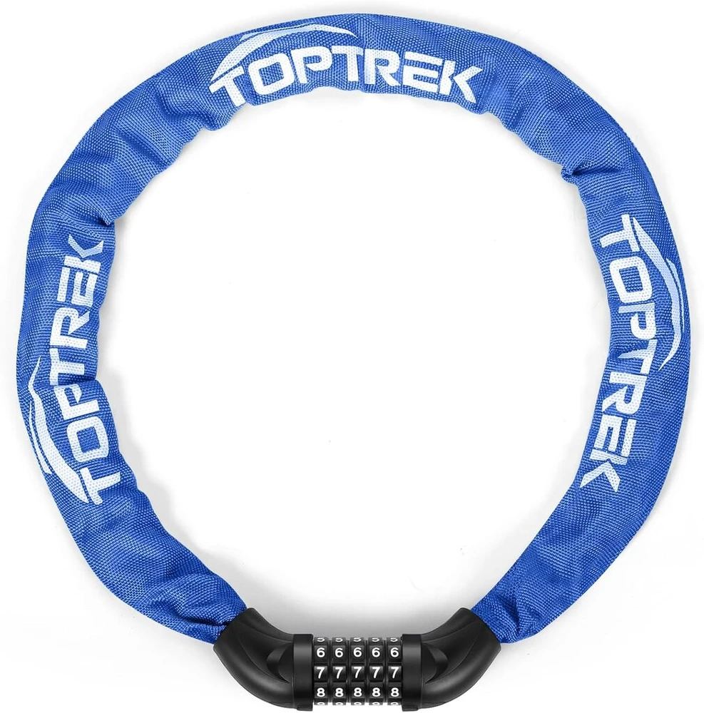 Toptrek dviračio kombinuota spyna, aukštos apsaugos dviračio spyna su 5 skaitmenų kombinacijos kodu, 6 mm x 100 cm plieninių grandžių grandinė dviračiui/motociklui/el. dviračiui/paspirtukui (tamsiai mėlyna)