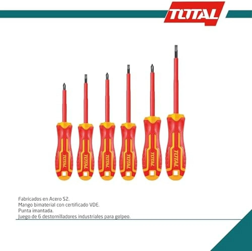 Total - 6 izoliuotų atsuktuvų rinkinys | 3 izoliuoti plokšti atsuktuvai ir 3 izoliuoti atsuktuvai su Phillips antgaliu | Vde sertifikatas | Cr-v