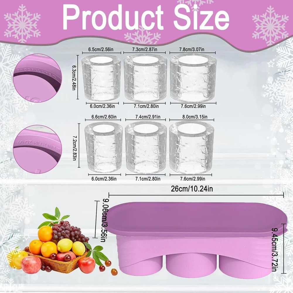 Toyone Stanley Cup ledo kubelių forma - silikoninė ledo kubelių forma su dangteliu, 3 skyrių ledo kubelių forma 40 oz gertuvėms, viskiui, kokteiliams ir kt. (violetinė)