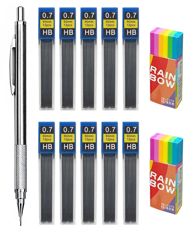 Tozbleu mechaninių pieštukų rinkinys, 1 x metalinis pieštukas, mechaniniai pieštukai, 120 x 0.7 mm šerdelės mechaniniams pieštukams, 2 trintukai, mechaniniai pieštukai rašymui ir piešimui mokyklai, inžinieriams