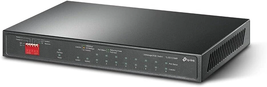 Šakotuvas Tp-link Tl-sg1210mp 10 prievadų gigabitinis Poe Lan komutatorius (8 gigabitiniai Poe+ prievadai, 1 gigabitinis Sfp prievadas, 123 W, Ieee-802.3af/at, Plug and Play, Qos, Igmp, be ventiliatoriaus) juodas
