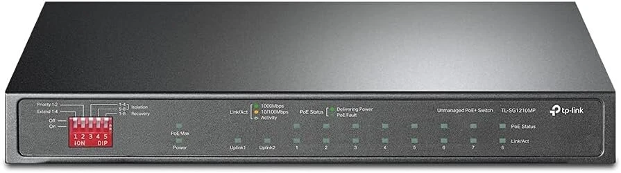 Šakotuvas Tp-link Tl-sg1210mp 10 prievadų gigabitinis Poe Lan komutatorius (8 gigabitiniai Poe+ prievadai, 1 gigabitinis Sfp prievadas, 123 W, Ieee-802.3af/at, Plug and Play, Qos, Igmp, be ventiliatoriaus) juodas