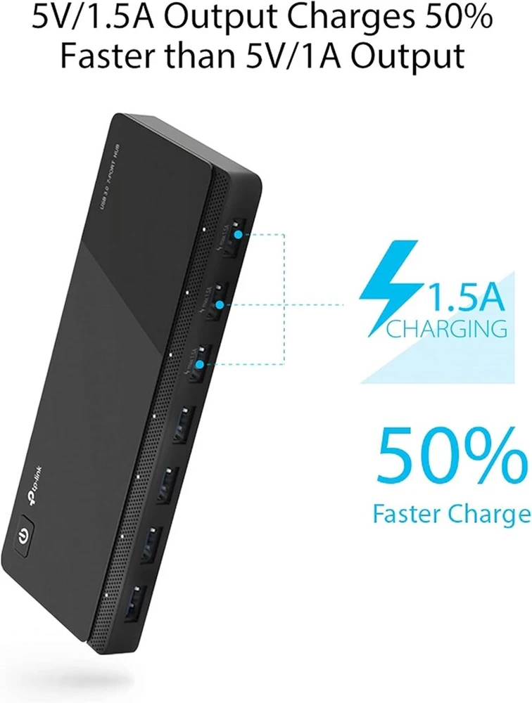 Tp-link Uh700 7 prievadų Usb 3.0 šakotuvas su maitinimo adapteriu ir Usb 3.0 laidu, iki 5 Gbps, karštas keitimas, palaiko Windows, Mac Os, Linux, juodas